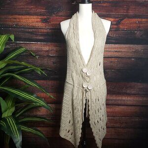 Young Essence Small Unique Boho Crochet Knit Long Vest Racerback Tan Top Button